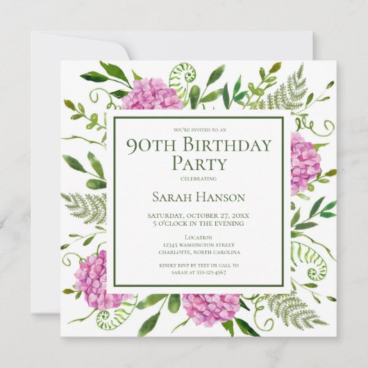 90th Birthday Pink Hydrangeas Card Request  招待状 (正面)