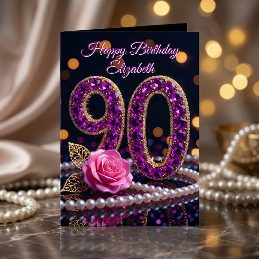 90th Birthday Purple Amethyst Jewels Pink Rose カード