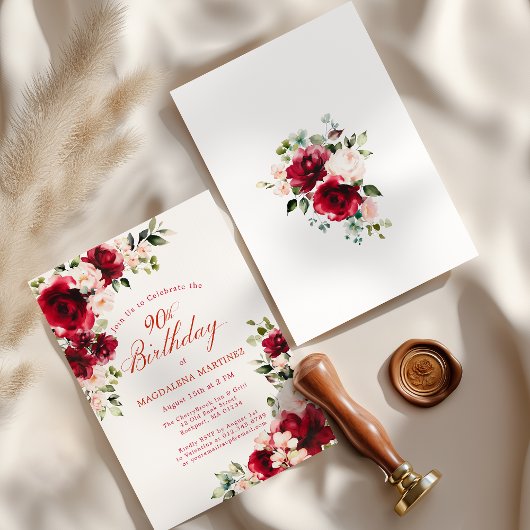 90th Birthday Red Rose Pink Peony Floral 招待状