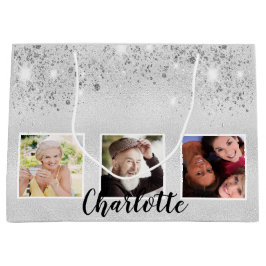 90th birthday silverグリッター写真名 ラージペーパーバッグ