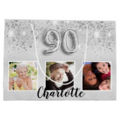 90th birthday silverグリッター写真名 ラージペーパーバッグ (裏面)