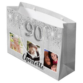 90th birthday silverグリッター写真名 ラージペーパーバッグ