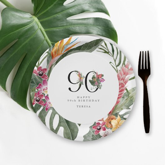 90th Birthday Simple Elegant Tropical Invitation ペーパープレート