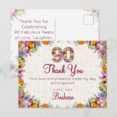 90th Birthday Thank You – Elegant Floral Design ポストカード (正面/裏面)