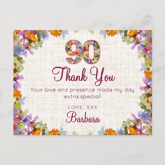 90th Birthday Thank You – Elegant Floral Design ポストカード (正面)