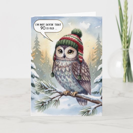 90th Birthday Watercolor Owl In Winter Hat カード (正面)