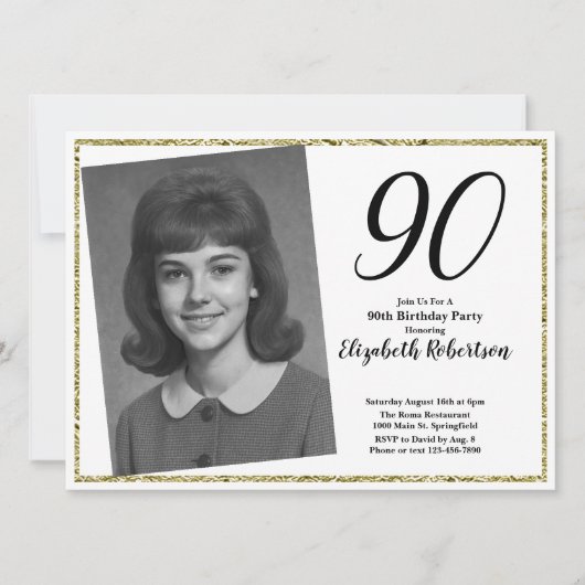 90th Custom Photo White and Gold  招待状 (正面)