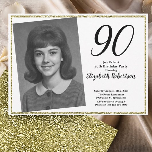 90th Custom Photo White and Gold 招待状