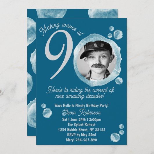 90th Dark Teal Bubble Birthday Party Invitation 招待状 (正面/裏面)