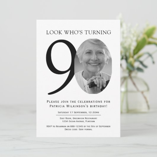 90th Elegant Black and White Photo Birthday 招待状 (スタンド正面)
