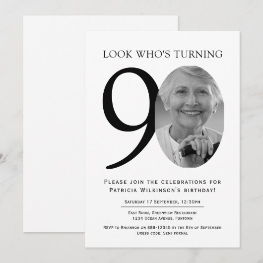 90th Elegant Black and White Photo Birthday 招待状 (正面/裏面)