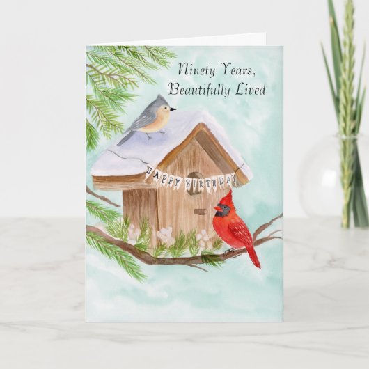 90th Happy Birthday Birds at Birdhouse カード (正面)