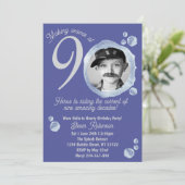 90th Indigo Blue Bubble Birthday Party Photo 招待状 (スタンド正面)