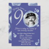 90th Indigo Blue Bubble Birthday Party Photo 招待状 (正面/裏面)