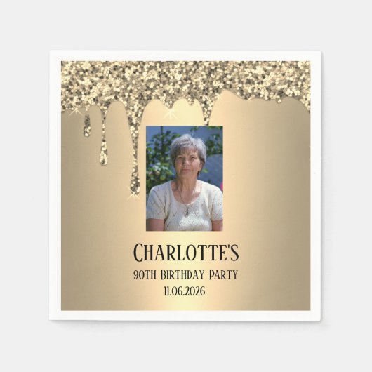 90th Ninety Elegant Birthday Party Gold スタンダードカクテルナプキン (正面)