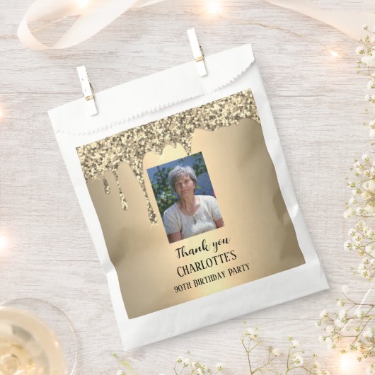 90th Ninety Elegant Birthday Party Gold フェイバーバッグ (クリップ留めされた状態)