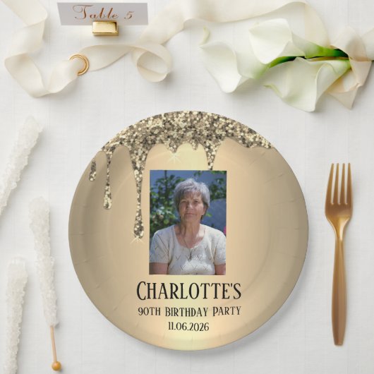 90th Ninety Elegant Birthday Party Gold ペーパープレート (ウェディング)