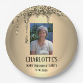 90th Ninety Elegant Birthday Party Gold ペーパープレート (正面)