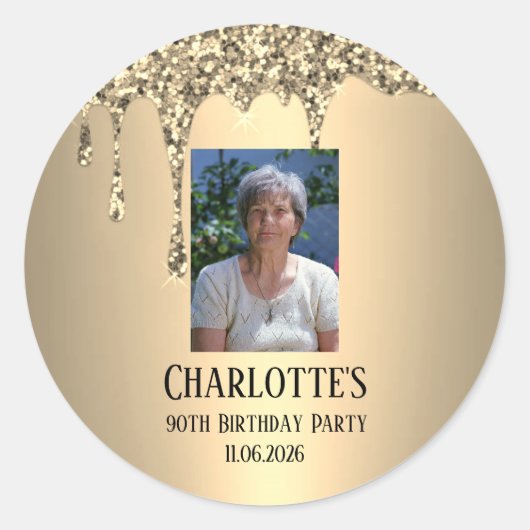 90th Ninety Elegant Birthday Party Gold ラウンドシール (正面)