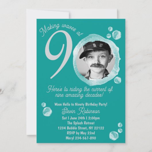 90th Ocean Teal Bubble Birthday Party Invitation 招待状 (正面)