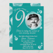 90th Ocean Teal Bubble Birthday Party Invitation 招待状 (正面/裏面)