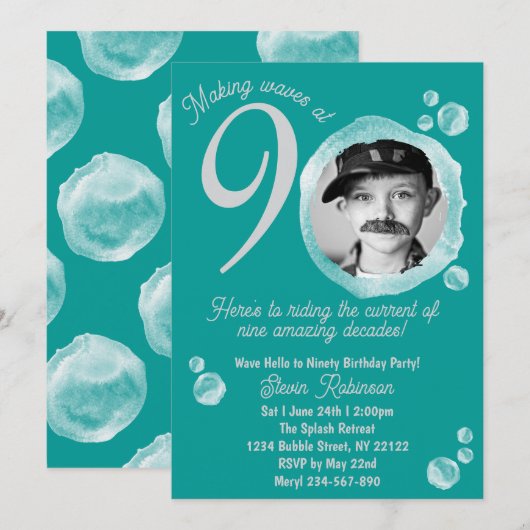 90th Ocean Teal Bubble Birthday Party Invitation 招待状 (正面/裏面)