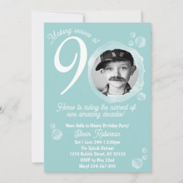 90th Pale Teal Bubble Birthday Party Photo 招待状