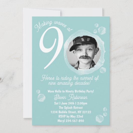 90th Pale Teal Bubble Birthday Party Photo 招待状 (正面)