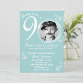 90th Pale Teal Bubble Birthday Party Photo 招待状 (スタンド正面)