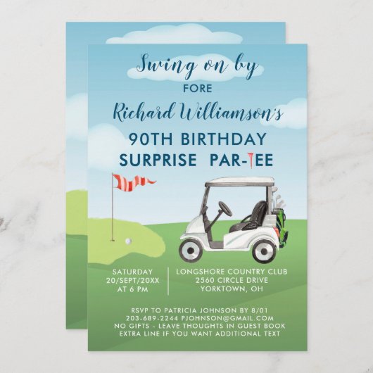 90th Surprise Birthday Party Men's Golf Theme 招待状 (正面/裏面)