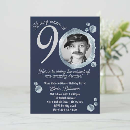 90th Twilight Blue Bubble Birthday Party Photo 招待状 (スタンド正面)