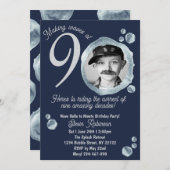 90th Twilight Blue Bubble Birthday Party Photo 招待状 (正面/裏面)