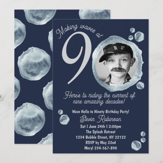 90th Twilight Blue Bubble Birthday Party Photo 招待状 (正面/裏面)