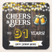 91歳の誕生日おめでとう レトロな乾杯とビール スクエアペーパーコースター (正面)
