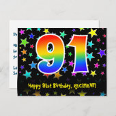 91歳の誕生日おめでとう：楽しいスター柄、虹91、名前 ポストカード (正面/裏面)