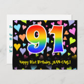 91歳の誕生日おめでとう:楽しいハート柄、虹色の91 ポストカード (正面/裏面)