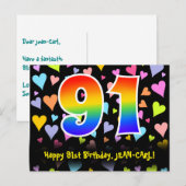 91歳の誕生日おめでとう:楽しいハート柄、虹色の91 ポストカード (正面/裏面)