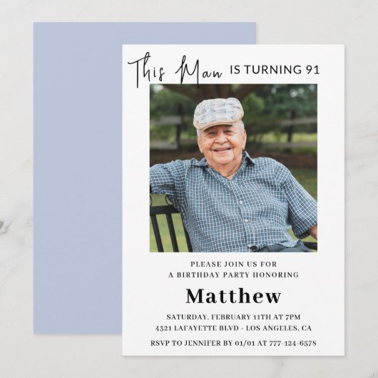 91歳の誕生日パーティーのおしゃれな招待状 男性 写真 招待状 (正面/裏面)
