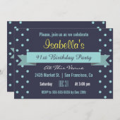 91歳の誕生日パーティー青い水玉模様とバナー 招待状 (正面/裏面)