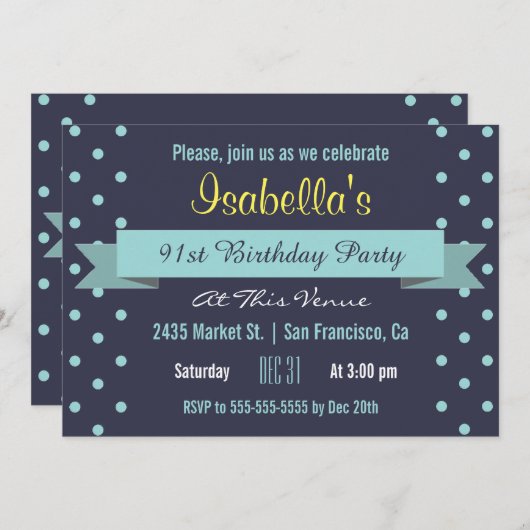 91歳の誕生日パーティー青い水玉模様とバナー 招待状 (正面/裏面)