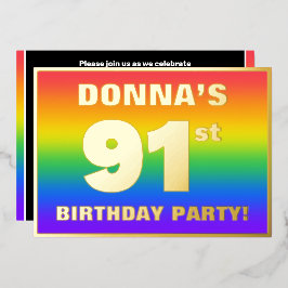 91歳の誕生日パーティー：楽しい、カラフルな虹のパターン 箔招待状