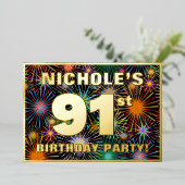91歳の誕生日パーティー - 楽しくカラフルな花火デザイン 箔招待状 (立ち正面)