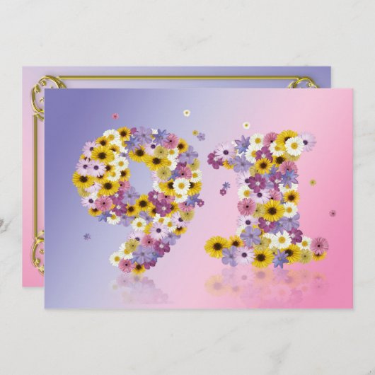 91歳の誕生日パーティー、花の文字 招待状 (正面/裏面)