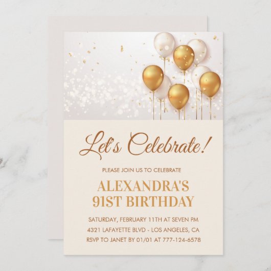 91歳の誕生日招待状バルーン金ゴールド 招待状 (正面/裏面)