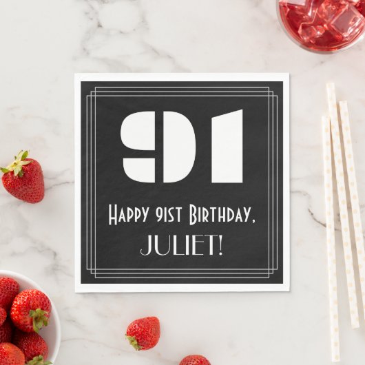 91歳の誕生日:アートデコ風デザイン「91」+名前 スタンダードランチョンナプキン (インサイチュ)
