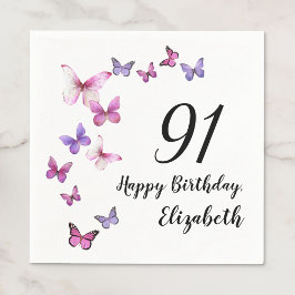 91歳の誕生日 ピンクのパープルの蝶々 スタンダードカクテルナプキン
