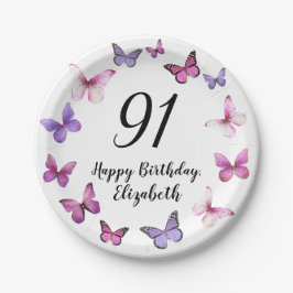 91歳の誕生日 ピンクのパープルの蝶々 ペーパープレート