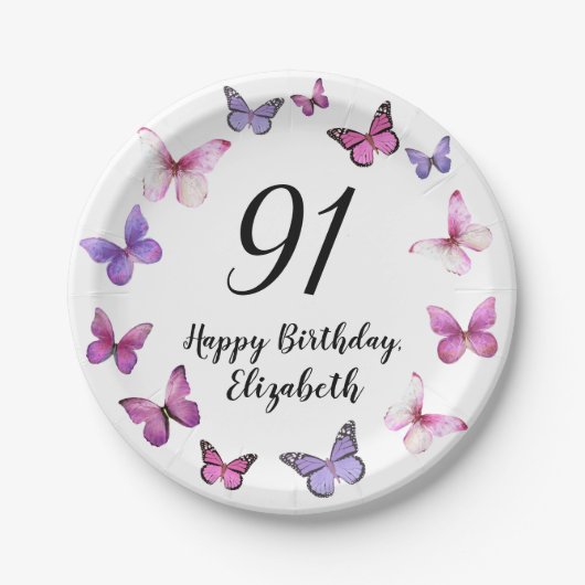 91歳の誕生日 ピンクのパープルの蝶々 ペーパープレート (正面)