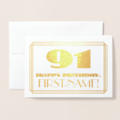 91歳の誕生日 名前+アートデコ風の「91」 箔カード (封筒付き正面)