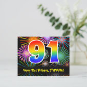 91歳の誕生日 – 楽しい花火模様 + レインボー91 ポストカード (スタンド正面)